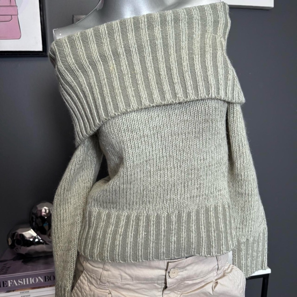 Off-Shoulder Rib-Knit Sweater in Light Sage